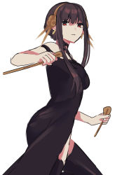 Rule 34 | 1girl, absurdres, alternate costume, black dress, black thighhighs, brown hair, brown hairband, closed mouth, commentary request, cowboy shot, danganronpa (series), dress, hairband, harukawa maki, highres, holding, long hair, looking at viewer, raimone26, red eyes, sidelocks, simple background, sleeveless, sleeveless dress, solo, strap slip, thighhighs, white background