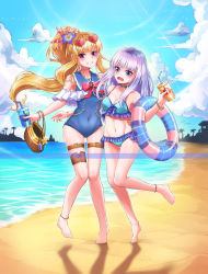 Rule 34 | 2girls, absurdres, barefoot, beach, blonde hair, blue eyes, breasts, cagliostro (granblue fantasy), cagliostro (summer) (granblue fantasy), day, flat chest, granblue fantasy, grin, highres, kenja no deshi wo nanoru kenja, kokukyukeo, medium breasts, mira (kendeshi), multiple girls, navel, open mouth, parted lips, pink eyes, shiny skin, silver hair, smile, swimsuit, trait connection, wavy mouth