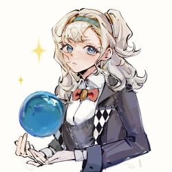 Rule 34 | 1girl, black jacket, blonde hair, blue eyes, blue hairband, bow, bowtie, checkered clothes, closed mouth, collared shirt, commentary, crystal ball, freckles, frown, hairband, highres, jacket, long hair, long sleeves, looking at viewer, matilda bouanich, one side up, red bow, red bowtie, reverse:1999, shirt, simple background, solo, sparkle, white background, white shirt, ziwen