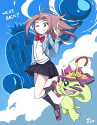 Rule 34 | 10s, 1girl, ;), ;d, ahoge, artist name, black skirt, black socks, blue sky, bow, bowtie, brown hair, closed mouth, cloud, collared shirt, day, digimon, digimon (creature), digimon adventure tri., english text, full body, green eyes, index finger raised, jin (lili to marigold), kneehighs, long hair, long sleeves, looking at viewer, one eye closed, open mouth, palmon, parted bangs, red bow, red bowtie, red footwear, shirt, shoes, skirt, sky, smile, socks, tachikawa mimi, togemon, white shirt, wing collar