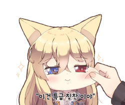 Rule 34 | 1girl, :&gt;, animal ears, babydoll, bad id, bad pixiv id, blonde hair, blue eyes, cat ears, chibi, closed mouth, fingernails, foreign blue, g41 (girls&#039; frontline), girls&#039; frontline, hair between eyes, half-closed eyes, heterochromia, korean text, long sleeves, lowres, out of frame, red eyes, simple background, sparkle, translation request, white babydoll, white background