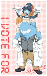 Rule 34 | 1boy, 1girl, apron, bad id, bad pixiv id, belt, blue eyes, blue skin, blunt bangs, blush, bowl, carrying, colored skin, fins, fish girl, glasses, grin, hair ornament, kumasanpantsu, lab coat, mary janes, minette (skullgirls), monster girl, no humans, pink eyes, plate, scales, scientist, shark, shell, shoes, shoulder carry, skullgirls, smile, stanley whitefin, teeth, thighhighs, tray, waitress