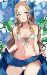 Rule 34 | 1girl, asakaze (kancolle), bikini, blue bow, blue eyes, blue flower, blush, bow, breasts, breasts apart, clothes lift, flower, forehead, front-tie bikini top, front-tie top, highres, hip bones, kantai collection, leaf, lifted by self, light brown hair, long hair, medium breasts, natsu narumi, navel, parted bangs, sarong, sarong lift, sidelocks, skirt, skirt lift, smile, solo, swimsuit, wavy hair, white bikini