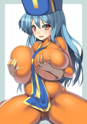 Rule 34 | 1girl, between breasts, blue hair, bodysuit, breast hold, breast lift, breasts, chunsoft, dragon quest, dragon quest iii, enix, hat, huge breasts, long hair, mitre, nagase haruhito, plump, priest (dq3), red eyes, skin tight, solo, tabard