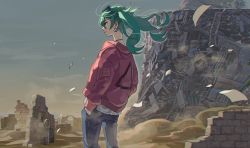 Rule 34 | 1girl, 1other, ambiguous gender, aqua eyes, blue pants, brick wall, choker, day, desert, dust cloud, earrings, eyewear on head, feet out of frame, floating hair, from behind, green hair, hand in pocket, hatsune miku, highres, hood, hood up, jacket, jewelry, jumpsuit, kyarairo, long hair, outdoors, pants, paper, paw print, poster (object), profile, red jacket, ruins, sand, sky, solo focus, standing, suna no wakusei (vocaloid), sunglasses, twintails, vocaloid, wind