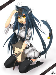 Rule 34 | 1girl, ahoge, animal ears, bell, blue hair, brown hair, claindelune, dress, eating, long hair, ribbon, simple background, star (symbol), striped, striped background, tail, thighhighs, yellow eyes