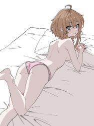 Rule 34 | 1girl, ahoge, ass, back, bed sheet, blush, breasts, brown hair, highres, looking at viewer, looking back, lying, medium breasts, on stomach, original, panties, parted lips, pillow, pink panties, short hair with long locks, shoulder blades, solo, taka oedo, topless, underwear, underwear only