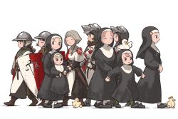 Rule 34 | 6+girls, animal, animal on head, armor, bird, bird on head, black footwear, blonde hair, blue eyes, braid, brown eyes, brown footwear, brown hair, closed eyes, clumsy nun (diva), crossover, duck, duck on head, duckling, froggy nun (diva), habit, helmet, highres, hungry nun (diva), ironlily, little nuns (diva), multiple girls, nun, on head, ordo mediare sisters (ironlily), shield, star nun (diva), strict nun (diva), traditional nun