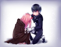 Rule 34 | 10s, 1boy, 1girl, bandaged foot, black hair, blood, blood in hair, blue bodysuit, blue eyes, bodysuit, cloak, commentary request, crying, darling in the franxx, hand on another&#039;s head, highres, hiro (darling in the franxx), hood, hood down, hooded cloak, horns, koynoppanuch, long hair, pink hair, short hair, smile, standing, standing on one leg, zero two (darling in the franxx)