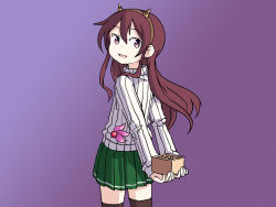 Rule 34 | 1girl, arms behind back, beans, black thighhighs, box, brown eyes, brown hair, commentary, commentary request, english commentary, from behind, gradient background, green skirt, hairband, horns, kantai collection, kisaragi (kancolle), long hair, looking at viewer, looking back, masu, one-hour drawing challenge, oni horns, pleated skirt, purple background, ribbed sweater, sixten, skirt, smile, solo, sweater, thighhighs, white sweater