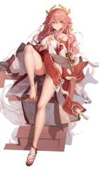 Rule 34 | 1girl, absurdres, bare shoulders, barefoot, bkyuuc, breasts, closed mouth, crossed bangs, detached sleeves, genshin impact, hair ornament, highres, japanese clothes, large breasts, long hair, long sleeves, looking at viewer, miko, pink hair, purple eyes, sitting, smile, solo, thighs, white background, wide sleeves, yae miko
