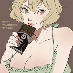 Rule 34 | 1girl, 2022, alternate costume, bikini, blonde hair, breasts, brown background, candy, chocolate, chocolate bar, cleavage, closed mouth, commentary request, dated commentary, flat color, food, genderswap, genderswap (mtf), green bikini, hair between eyes, halterneck, happy valentine, higekiri (touken ranbu), holding, holding chocolate, holding food, large breasts, looking at viewer, meiji (brand), shiny skin, short hair, smile, solo, swimsuit, touken ranbu, upper body, yellow eyes, zi tsas