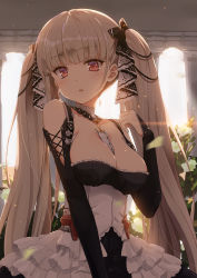 Rule 34 | 1girl, :o, arch, azur lane, backlighting, bare shoulders, between breasts, black dress, blurry, blurry foreground, blush, breasts, cleavage, dress, earrings, formidable (azur lane), frilled dress, frills, grey hair, hair ribbon, hand up, highres, indoors, jewelry, large breasts, long hair, long sleeves, looking at viewer, mawaru33, red eyes, ribbon, solo, twintails, two-tone dress, two-tone ribbon, very long hair