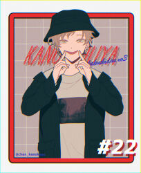 Rule 34 | 1boy, black border, black hat, black jacket, border, brown eyes, bucket hat, casual, character name, colored eyelashes, commentary request, fingernails, fingersmile, framed, grey background, grey shirt, grid background, hat, highres, jacket, kagerou project, kano shuuya, light brown hair, long sleeves, looking at viewer, male focus, mekakucity actors, mokemoke chan, numbered, open clothes, open jacket, open mouth, outside border, pocket, print shirt, red border, romaji text, shirt, short hair, smile, solo, t-shirt, twitter username, upper body