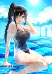 Rule 34 | 1girl, arm behind head, bare legs, bare shoulders, black hair, blush, breasts, harui (hr x9 ), highres, holding, large breasts, looking at viewer, mole, mole on breast, mole under mouth, off-shoulder shirt, off shoulder, one-piece swimsuit, original, ponytail, pool, see-through, shiny skin, shirt, sitting, solo, sunlight, swimsuit, swimsuit under clothes, thighs, two-tone swimsuit, wet, wet clothes, wet hair, wet shirt, yellow eyes