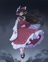 Rule 34 | 1girl, absurdres, ascot, bare shoulders, black footwear, bow, brown eyes, brown hair, closed mouth, detached sleeves, frilled skirt, frills, full body, hair bow, hair tubes, hakurei reimu, highres, japanese clothes, kame (kamepan44231), long hair, navel, nontraditional miko, red bow, red skirt, ribbon-trimmed sleeves, ribbon trim, shoes, sidelocks, skirt, socks, solo, touhou, white sleeves, white socks, wide sleeves, yellow ascot