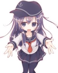 Rule 34 | 10s, 1girl, akatsuki (kancolle), anchor symbol, commentary request, flat cap, hat, incoming hug, kantai collection, komaruri, long hair, looking at viewer, neckerchief, open mouth, outstretched arms, pantyhose, purple eyes, purple hair, red neckerchief, school uniform, serafuku, skirt, solo