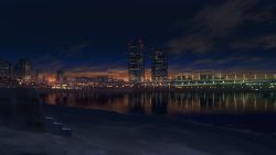 Rule 34 | beach, building, city lights, cloud, lake, mocha (cotton), night, night sky, no humans, original, outdoors, reflection, sand, scenery, sky, skyline, skyscraper, stairs, stone stairs, water