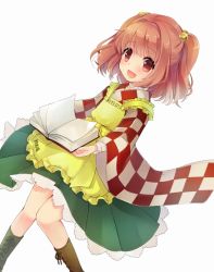 Rule 34 | 1girl, apron, bell, book, checkered clothes, checkered kimono, clothes writing, hair bell, hair ornament, japanese clothes, kimono, motoori kosuzu, open mouth, red eyes, red hair, sen1986, short hair, smile, solo, touhou, twintails, two side up, wide sleeves