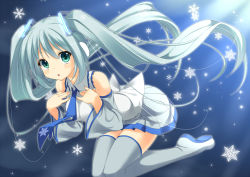 Rule 34 | 1girl, boots, detached sleeves, green eyes, green hair, hands on own chest, hatsune miku, kneeling, long hair, mashima (sumachi), matching hair/eyes, necktie, skirt, snowflakes, solo, thigh boots, thighhighs, twintails, very long hair, vocaloid, yuki miku