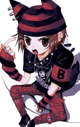 Rule 34 | 1girl, animal ear headwear, arm warmers, armband, black footwear, black shirt, brown hair, ear piercing, fake animal ears, from above, full body, highres, looking at viewer, open mouth, original, pants, pepeppepe101, piercing, plaid, plaid pants, pointing, pointing at self, red headwear, red pants, shirt, short hair, simple background, sitting, solo, striped arm warmers, striped clothes, striped headwear, v-shaped eyebrows, white background