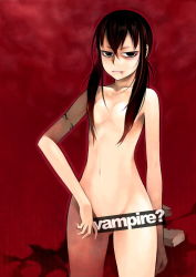 Rule 34 | 1girl, black eyes, black hair, blood, censored, convenient censoring, fang, flat chest, hair censor, hair over breasts, kunichika, long hair, nude, original, solo