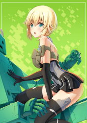Rule 34 | 1girl, :o, bare shoulders, black gloves, black thighhighs, blonde hair, blush, commentary request, dress, elbow gloves, frame arms girl, gloves, gourai, green background, green eyes, hand on another&#039;s chest, highres, looking at viewer, looking to the side, microdress, open mouth, pinakes, robot, short hair, shoulder blades, skindentation, sleeveless, straddling, thighhighs, thighs
