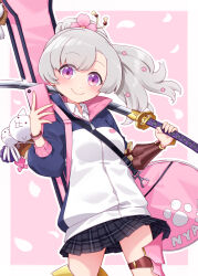 Rule 34 | 1girl, bag, blush, breasts, cellphone, closed mouth, collared shirt, commentary request, commission, dress shirt, flower, grey hair, grey skirt, hair flower, hair ornament, harada (sansei rain), head tilt, highres, holding, holding phone, holding sword, holding weapon, jacket, katana, kazehaya sakura, long hair, long sleeves, nyanko daisensou, parted bangs, petals, phone, pink background, pink flower, pixiv commission, plaid, plaid skirt, pleated skirt, ponytail, puffy long sleeves, puffy sleeves, purple eyes, shirt, shoulder bag, skirt, small breasts, smile, solo, sword, two-tone background, weapon, white background, white jacket, white shirt