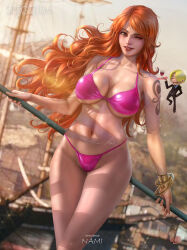 Rule 34 | 1girl, bikini, breasts, highres, holding, holding weapon, large breasts, legs, lipstick, long hair, looking at viewer, makeup, nami (one piece), one piece, orange hair, pink bikini, polearm, sanji (one piece), smile, swimsuit, thong, thong bikini, very long hair, weapon, wide hips, yam spectrum