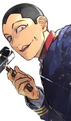Rule 34 | 1boy, buzz cut, facial mark, glint, golden kamuy, grey eyes, hammer, highres, holding, holding hammer, imperial japanese army, long sleeves, looking at viewer, male focus, military, military uniform, open mouth, oziozi kamuy, short hair, simple background, solo, uniform, upper body, usami tokishige, very short hair, white background