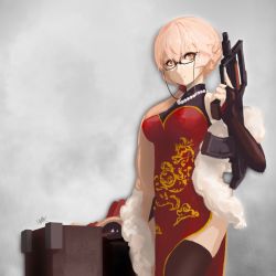 Rule 34 | 1girl, alternate costume, artist name, assault rifle, black thighhighs, blonde hair, braid, breasts, bullpup, china dress, chinese clothes, closed mouth, commentary, dress, english commentary, feather boa, feet out of frame, girls&#039; frontline, glasses, gun, hair ornament, highres, holding, holding gun, holding weapon, jewelry, long hair, looking at viewer, medium breasts, necklace, ots-14 (girls&#039; frontline), ots-14 groza, red dress, rifle, simple background, sna cloud, solo, standing, thighhighs, very long hair, weapon, yellow eyes