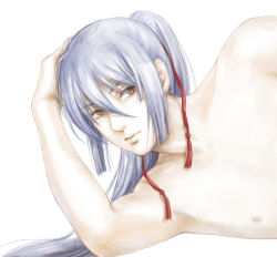 Rule 34 | 00s, 1boy, armpits, brown eyes, collarbone, hand on own head, long hair, looking at viewer, macross, macross frontier, male focus, nipples, rakuen, saotome alto, silver hair, simple background, solo, white background