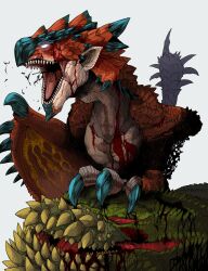 Rule 34 | absurdres, after battle, amputee, blood, blue eyes, claws, death, deviljho, dragon, foot on head, highres, horns, monster, monster hunter (series), no humans, open mouth, pekoson, rathalos, red eyes, sharp teeth, simple background, spikes, tail, teeth, tongue, white background, wings, wyvern, yellow eyes