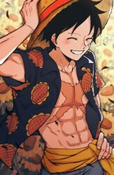 Rule 34 | 1boy, abs, black hair, chikiso, closed eyes, clothes around waist, collarbone, facing ahead, field, floral print, flower, flower field, grey pants, grin, hand on own hip, hat, jacket, jacket around waist, male focus, monkey d. luffy, navel, one piece, open clothes, open shirt, pants, pectorals, scar, scar on chest, scar on face, short hair, short sleeves, smile, solo, straw hat, sunflower, sunflower field, sunflower print, toned, toned male