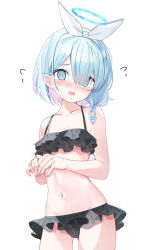 Rule 34 | 1girl, @ @, arona (blue archive), bare arms, bare shoulders, bikini, blue archive, blue eyes, blue hair, blush, braid, breasts, cleavage, collarbone, cowboy shot, flying sweatdrops, frilled bikini, frills, gluteal fold, hair over one eye, hair ribbon, halo, highres, looking at viewer, multicolored hair, nose blush, open mouth, pink hair, ribbon, saeki sora, simple background, single braid, small breasts, solo, standing, swimsuit, two-tone hair, white background, white ribbon