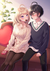 Rule 34 | 1boy, 1girl, ahoge, akamatsu kaede, aran sweater, artist name, beige sweater, black hair, black one-piece swimsuit, black pantyhose, blonde hair, blush, breasts, brown pantyhose, cable knit, candy, chocolate, chocolate heart, collarbone, commentary, couch, danganronpa (series), danganronpa v3: killing harmony, dress, eye contact, facing viewer, feet out of frame, food, fortissimo, hair ornament, heart, heart-shaped pillow, highres, in mouth, indoors, large breasts, long hair, looking at another, mouth hold, musical note, musical note hair ornament, nabekokoa, on couch, one-piece swimsuit, pants, pantyhose, pillow, purple eyes, saihara shuichi, shirt, sitting, sleeves past wrists, smile, sweater, sweater dress, swimsuit, white shirt