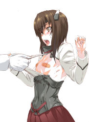 Rule 34 | 1boy, 1girl, :o, admiral (kancolle), bandaid, bandaids on nipples, blush, brown eyes, brown hair, clothes pull, collar, corset, flat chest, gloves, hands up, headband, headgear, henshako, highres, kantai collection, long sleeves, open mouth, pasties, pulling another&#039;s clothes, red skirt, short hair, simple background, skirt, solo focus, sweat, taihou (kancolle), upper body, white background, white gloves