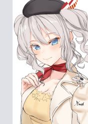 Rule 34 | 1girl, beige jacket, beret, black hat, blue eyes, blush, breasts, cleavage, closed mouth, dress, hair between eyes, hat, jacket, kantai collection, kashima (kancolle), long hair, looking at viewer, nagisa nagi, nail polish, official alternate costume, pink nails, red scarf, scarf, signature, silver hair, simple background, solo, twintails, upper body, wavy hair, yellow dress