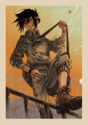Rule 34 | 1boy, bag, black hair, black wristband, boots, brown footwear, closed mouth, cloud, commentary request, day, grey jacket, grey pants, hand in pocket, hand tattoo, high collar, highres, jacket, long sleeves, male focus, orange sky, original, outdoors, pants, railing, red eyes, scar, scar on leg, short hair, shoulder bag, sky, solo, sunlight, tattoo, tsubonari, wristband