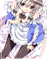 Rule 34 | 1girl, bad id, bad pixiv id, bare shoulders, bow, braid, breasts, cleavage, female focus, hair bow, izayoi sakuya, maid, pantyhose, solo, strap slip, subachi, touhou, twin braids, undressing, white background