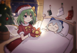 Rule 34 | 2girls, :3, alternate costume, bed, blanket, blue bow, blue eyes, blush, blush stickers, bow, christmas ornaments, christmas stocking, christmas tree, cirno, closed eyes, commentary request, curtains, daiyousei, dress, drooling, eyelashes, fairy wings, flower pot, fur-trimmed dress, fur-trimmed gloves, fur-trimmed sleeves, fur trim, gift, gloves, green hair, hair bow, hair ribbon, highres, holding, holding gift, ice, ice wings, indoors, looking at another, multiple girls, nail, one side up, puffy short sleeves, puffy sleeves, red dress, red gloves, ribbon, short hair, short sleeves, side ponytail, sleeping, smile, snowing, subaru (subachoco), touhou, window, wings, yellow bow, yellow ribbon
