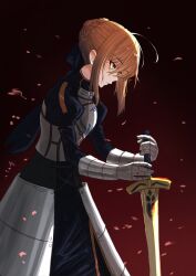 1girl absurdres ahoge armor artoria_pendragon_(fate) blonde_hair blue_eyes blue_ribbon commentary english_commentary excalibur_(fate/stay_night) fate/stay_night fate_(series) gauntlets hair_iron highres holding holding_sword holding_weapon kanacen long_hair puffy_sleeves ribbon solo sword weapon