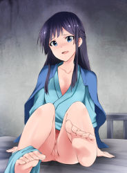 Rule 34 | 10s, 1girl, arm support, barefoot, bed, black hair, blue eyes, bottomless, censored, cleft of venus, collarbone, feet, half updo, highres, hospital bed, hospital gown, idolmaster, idolmaster million live!, kaiga, long hair, long legs, looking at viewer, mogami shizuka, mosaic censoring, open mouth, pants around one leg, pussy, sitting, soles, solo, toes