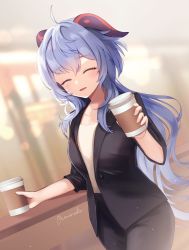 Rule 34 | 1girl, ahoge, alternate costume, amaneko (amaneko y), black skirt, blue hair, blush, business suit, closed eyes, coffee, cup, disposable cup, formal, ganyu (genshin impact), genshin impact, highres, horns, incoming drink, long hair, looking at viewer, office lady, open mouth, pencil skirt, shirt, sidelocks, signature, skirt, smile, solo, suit