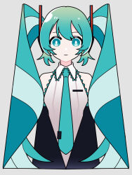 Rule 34 | 1girl, aqua eyes, aqua hair, aqua necktie, bare shoulders, black sleeves, bright pupils, closed mouth, collared shirt, commentary, detached sleeves, grey background, grey shirt, hair ornament, hatsune miku, highres, light smile, long hair, long sleeves, looking at viewer, machigami yoh, necktie, shirt, simple background, sleeveless, sleeveless shirt, solo, standing, straight-on, twintails, upper body, very long hair, vocaloid, white pupils, wide sleeves