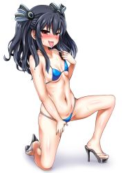 Rule 34 | 1girl, bikini, black hair, blue bikini, blush, bow, breasts, full body, hair bow, high heels, kurozero, long hair, looking at viewer, naughty face, navel, neptune (series), on one knee, red eyes, sidelocks, small breasts, solo, sweat, swimsuit, tongue, tongue out, two side up, uni (neptunia)
