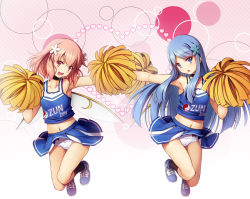 Rule 34 | 2girls, :d, :o, armpits, bare arms, bare shoulders, blue eyes, blue footwear, blue hair, blue skirt, bow, bow panties, cheerleader, chima q, clothes writing, collarbone, commentary, daiyousei mob (touhou), extra, fairy, fairy wings, full body, hair ornament, heart, heart background, legs, long hair, looking at viewer, midriff, multiple girls, navel, open mouth, outstretched arm, panties, pink hair, pom pom (cheerleading), red bow, red eyes, shoes, skirt, smile, sneakers, tank top, textless version, thighs, touhou, underwear, white panties, wings, yellow bow