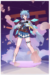 Rule 34 | 1girl, :d, absurdres, ahoge, alternate color, armband, badge, barefoot, belt, black gloves, blue bow, blue dress, blue eyes, blue hair, blue shorts, blush, border, bow, button badge, cirno, clothing request, commentary, daiyousei, dress, elbow gloves, english commentary, fingerless gloves, full body, gloves, hair bow, highres, holding, ice, ice wings, looking at viewer, multiple belts, open mouth, outdoors, purple sky, short hair, shorts, sky, smile, smoke, solo, standing, thigh strap, torii, touhou, touhou hero of ice fairy, vanilla flan, white border, wings, yellow armband