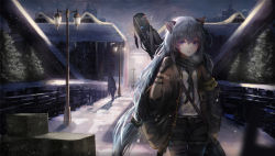 Rule 34 | 2girls, animal ears, bad id, bad pixiv id, black gloves, blue eyes, blue hair, blush, building, city, cityscape, commentary, cotn7806, gloves, guitar case, hair between eyes, highres, instrument case, jacket, lamppost, long hair, looking at viewer, multiple girls, neckerchief, open clothes, open jacket, open mouth, original, outdoors, scarf, short shorts, shorts, skyscraper, snow, solo focus, standing, thigh strap