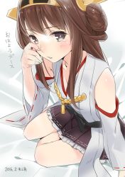 Rule 34 | 10s, 1girl, 2016, ama mitsuki, bare legs, black skirt, blush, brown hair, crying, dated, female focus, grey eyes, hairband, headgear, japanese clothes, kantai collection, kongou (kancolle), legs, long hair, looking at viewer, nontraditional miko, pleated skirt, sitting, skirt, solo, tears